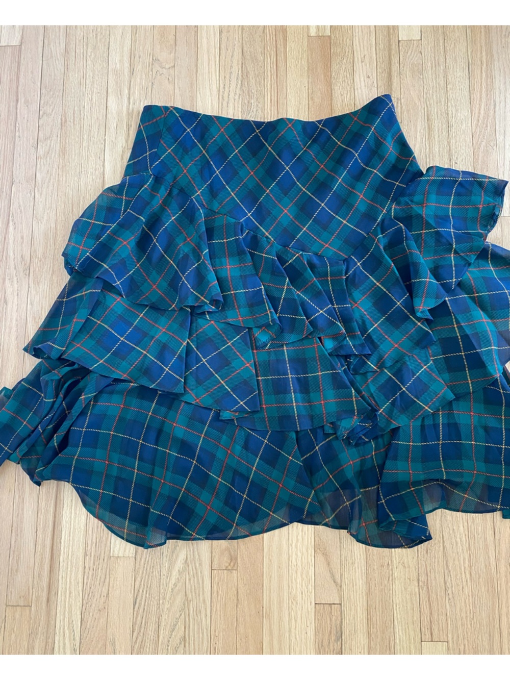 Lauren Ralph Lauren tiered ruffle tartan plaid floaty chiffon old money skirt 12